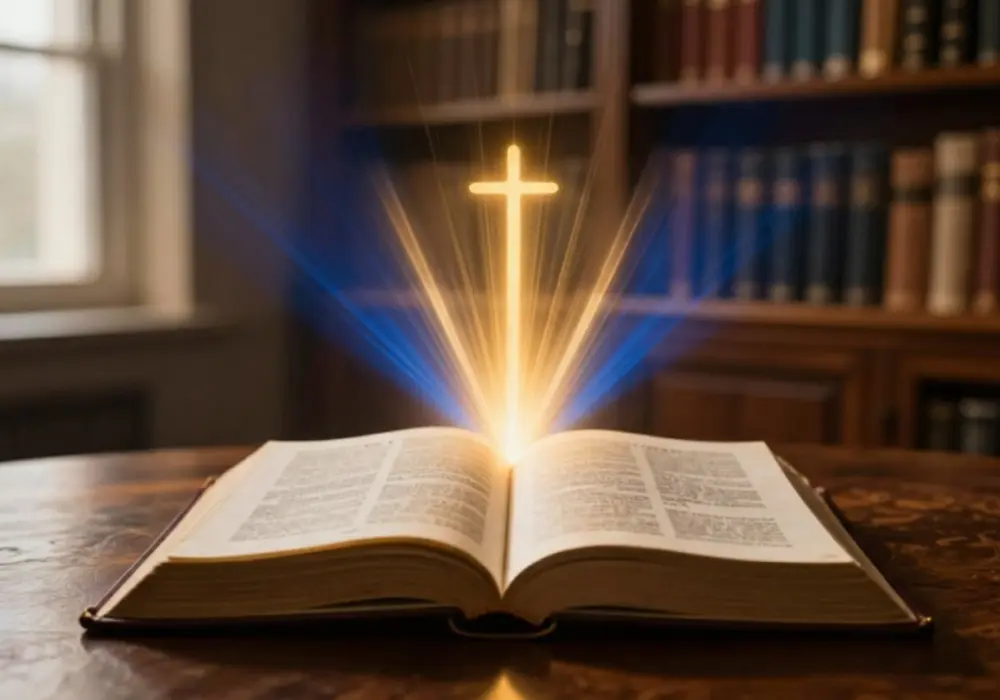 Bíblia Sagrada aberta iluminada por uma cruz radiante, simbolizando Jesus Cristo como centro da revelação das Escrituras e fonte da vida, do amor divino e da saúde integral.