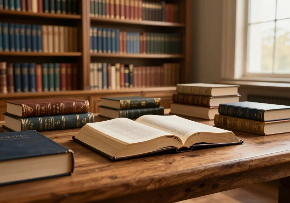 Biblioteca cristã com Bíblia aberta sobre mesa de madeira cercada por livros para estudo das Escrituras.