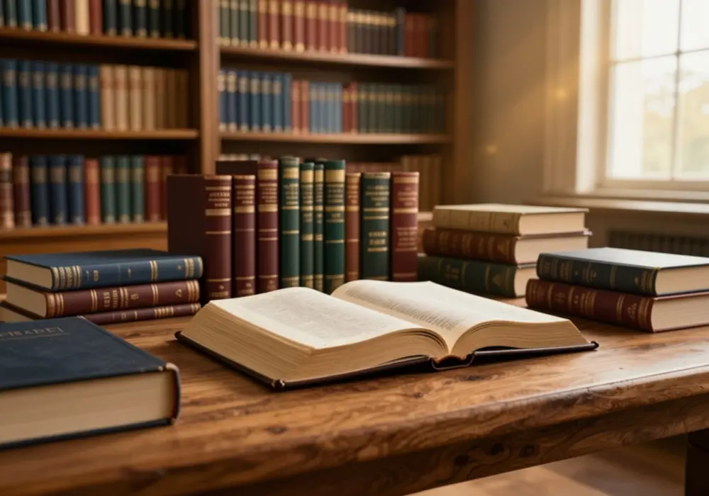 Bíblia aberta ao centro com coleção de livros cristãos em biblioteca iluminada por luz natural.