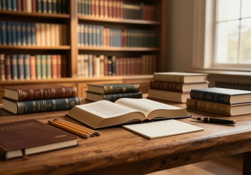 Biblioteca cristã com Bíblia aberta e livros organizados ao redor em ambiente acolhedor de estudo bíblico.
