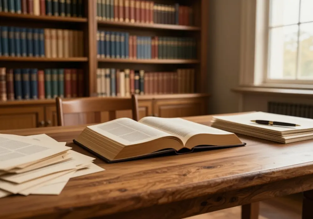 Livros cristãos e Bíblia aberta sobre mesa de madeira em biblioteca dedicada ao estudo da Palavra de Deus.
