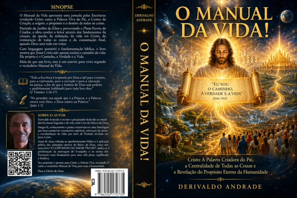 Na capa, imagem mostrando figura de Cristo segurando um pergaminho em suas mãos, com a inscrição "EU SOU O CAMINHO, A VERDADE E A VIDA" (João 14.6), multidões ao redor dele, bem como animais e anjos. Ao fundo uma figura da cidade Celestial, Nova Jerusalém, Uma miniatura de globo terrestre. Do outro lado, na contracapa, sinopse e dados do autor do livro. Na lombada, o nome do livro "O MANUAL DA VIDA!".