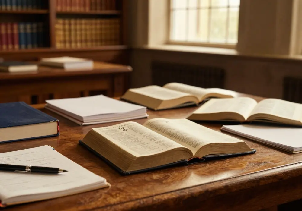 Bíblia Sagrada aberta sobre mesa de estudos, acompanhada de livros, cadernos e anotações, simbolizando o aprofundamento sistemático das Escrituras no Centro de Estudos do Ministério Cristão O Manual da Vida Incriada.